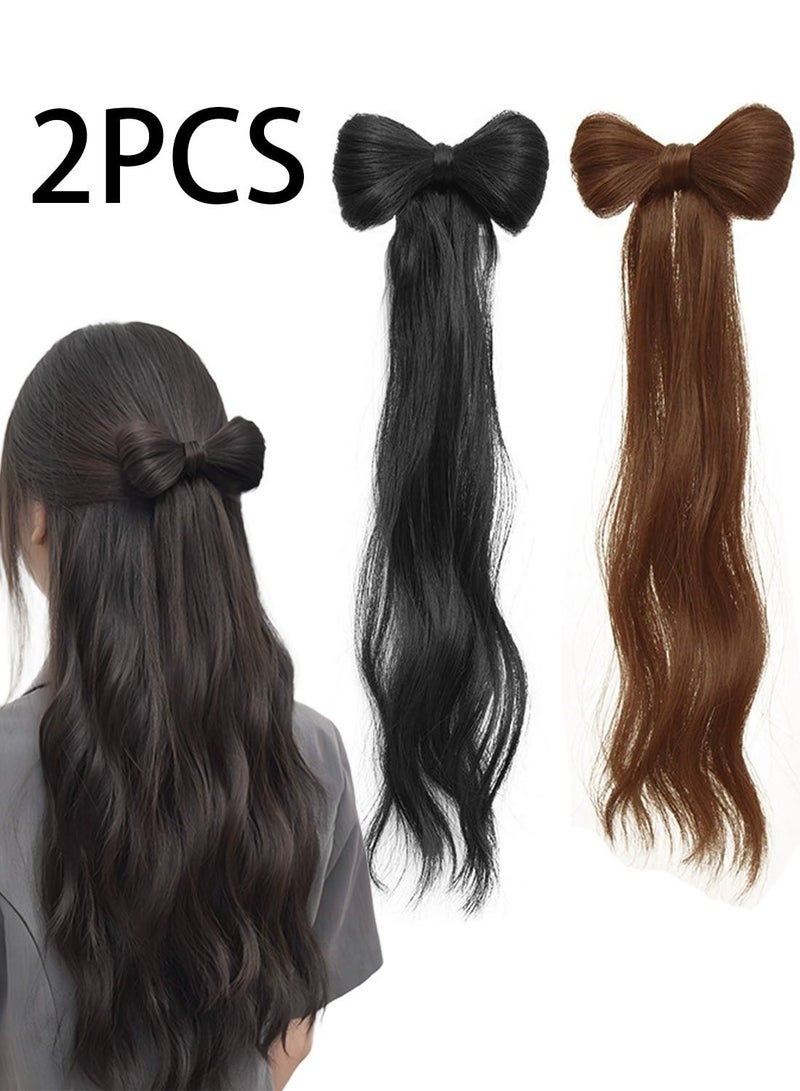 2pcs Bowknot Hair Extensions, Detachable Bowknot Curly Hairpiece with Duckbill Clip, Natural Bowknot Wavy Wig for Ladies Women Girls, Ideal for Wedding, Festival, Daily Hair Styling (40cm) - Image 1